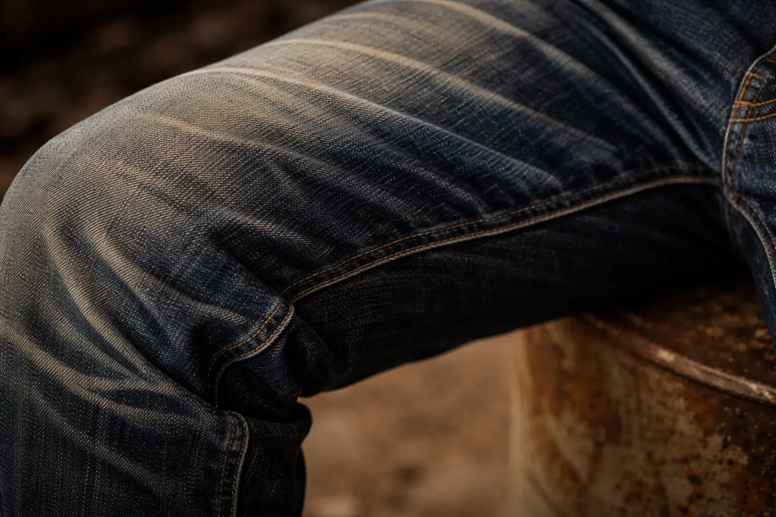 Rouge Denim knee detail — honeycombs, whiskers, and worn-in patina after six months of daily wear