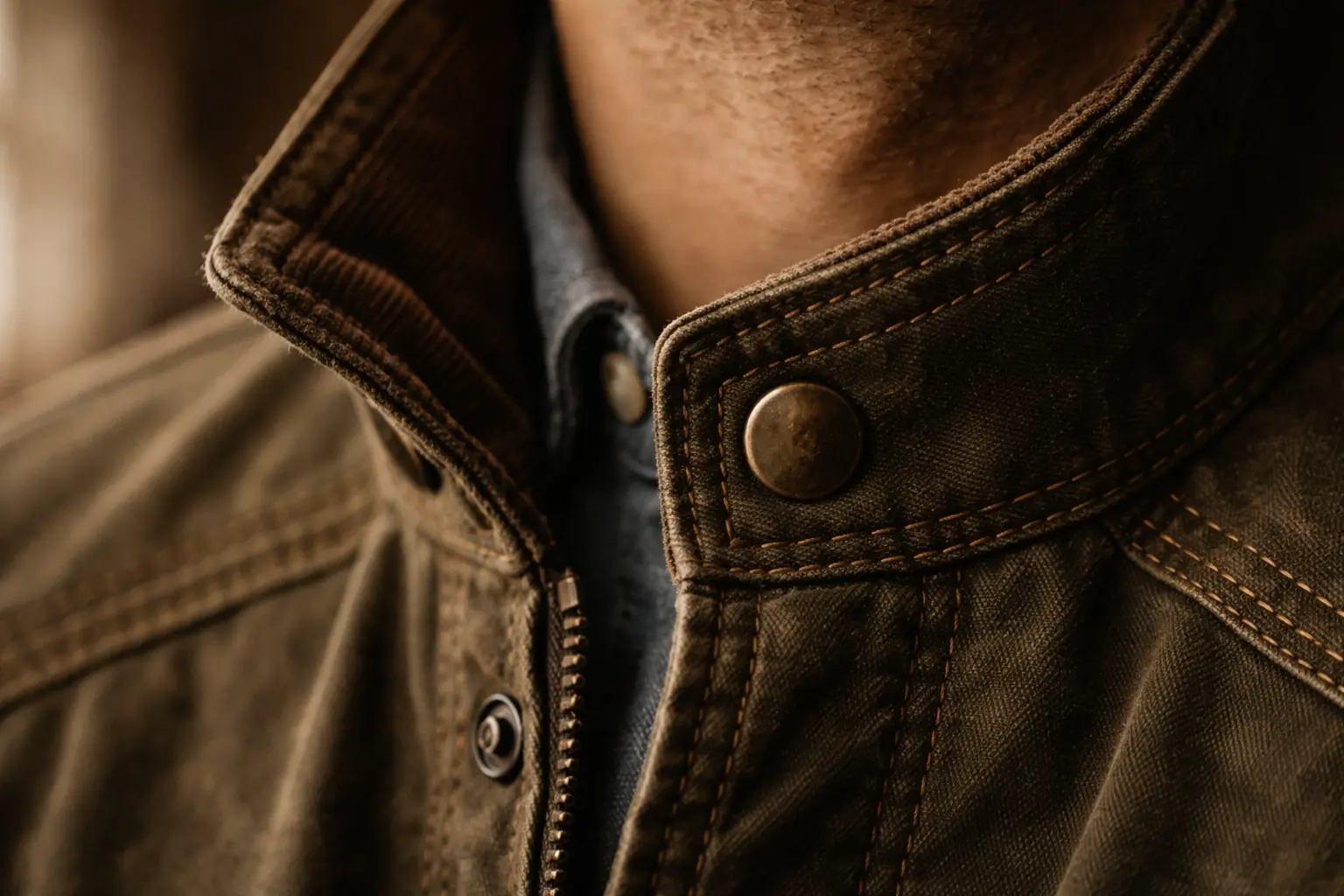 Extreme close-up of Ironside Jacket collar — triple-stitch detail, brass snap, waxed canvas weave