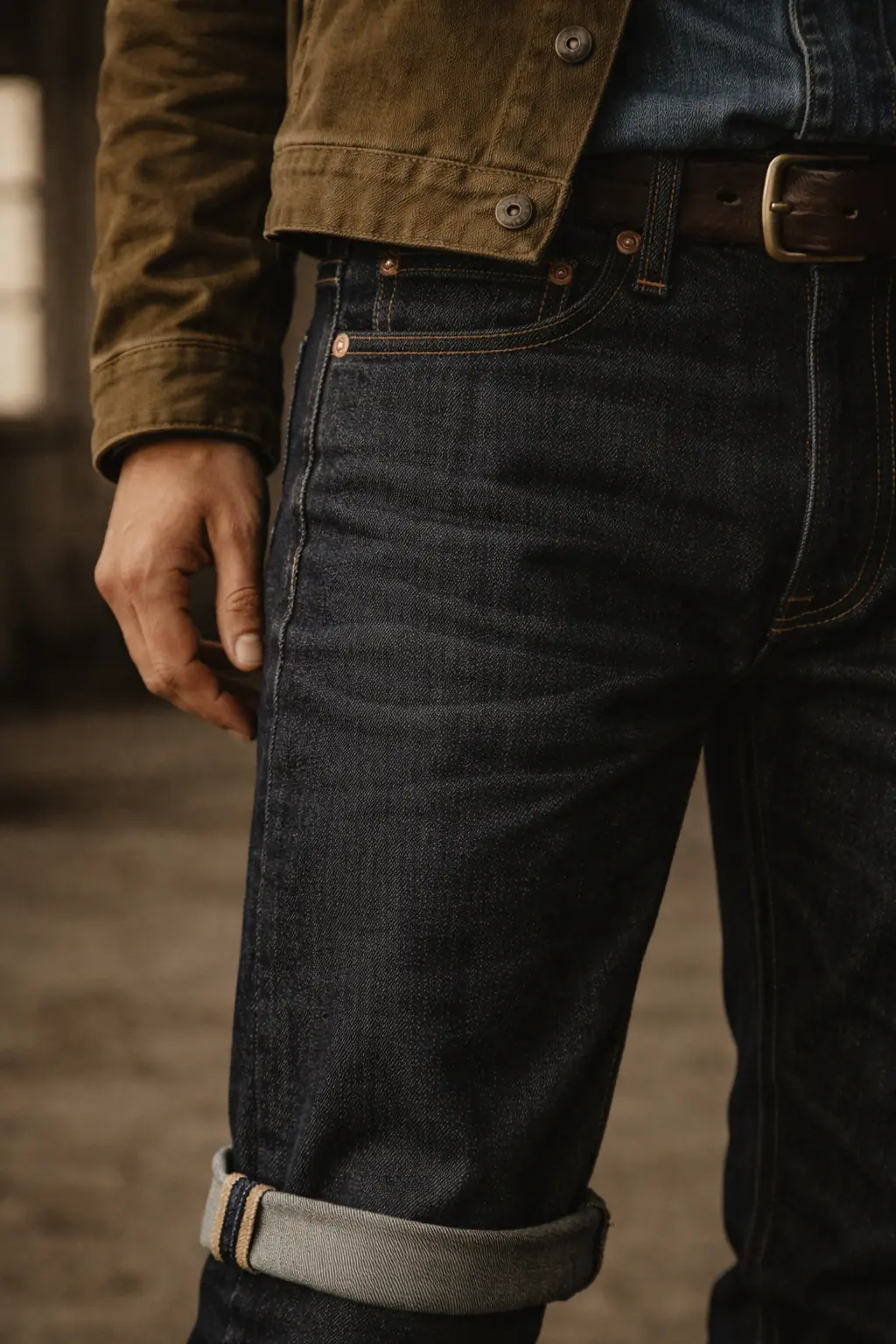 Close-up of selvedge denim pocket detail — visible chain-stitch and aged patina
