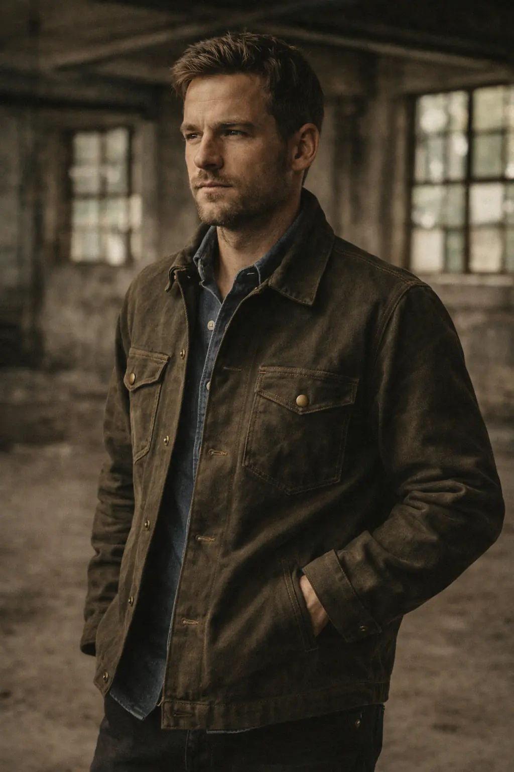 Male model wearing the Ironside jacket inside the abandoned Packard Plant, natural light, film grain