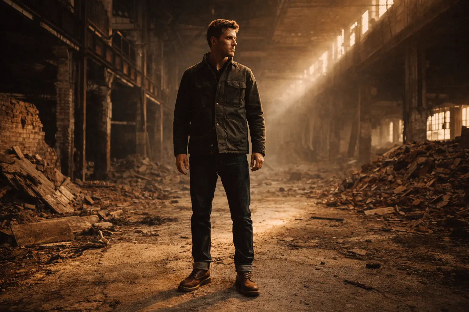 Full-body shot of model in Ironside jacket and Rouge denim against rusted steel girders of the Packard Plant, Detroit — cinematic warm film tone