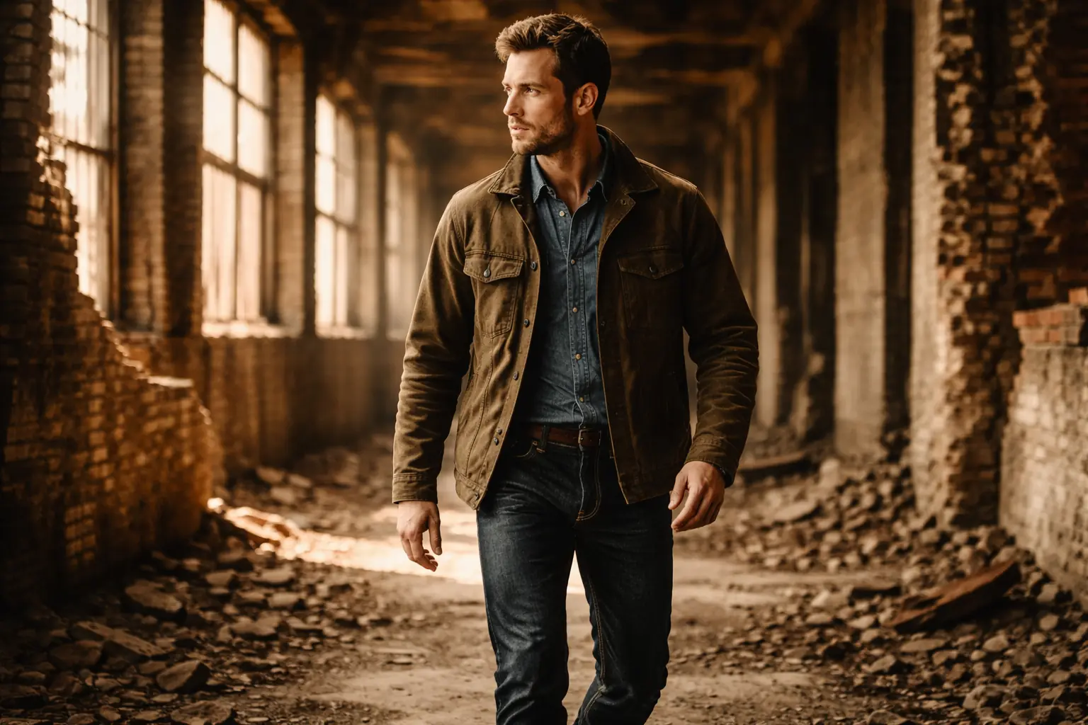 Look 01: Model wearing Ironside Jacket over chambray shirt with Rouge Denim, natural light through factory windows