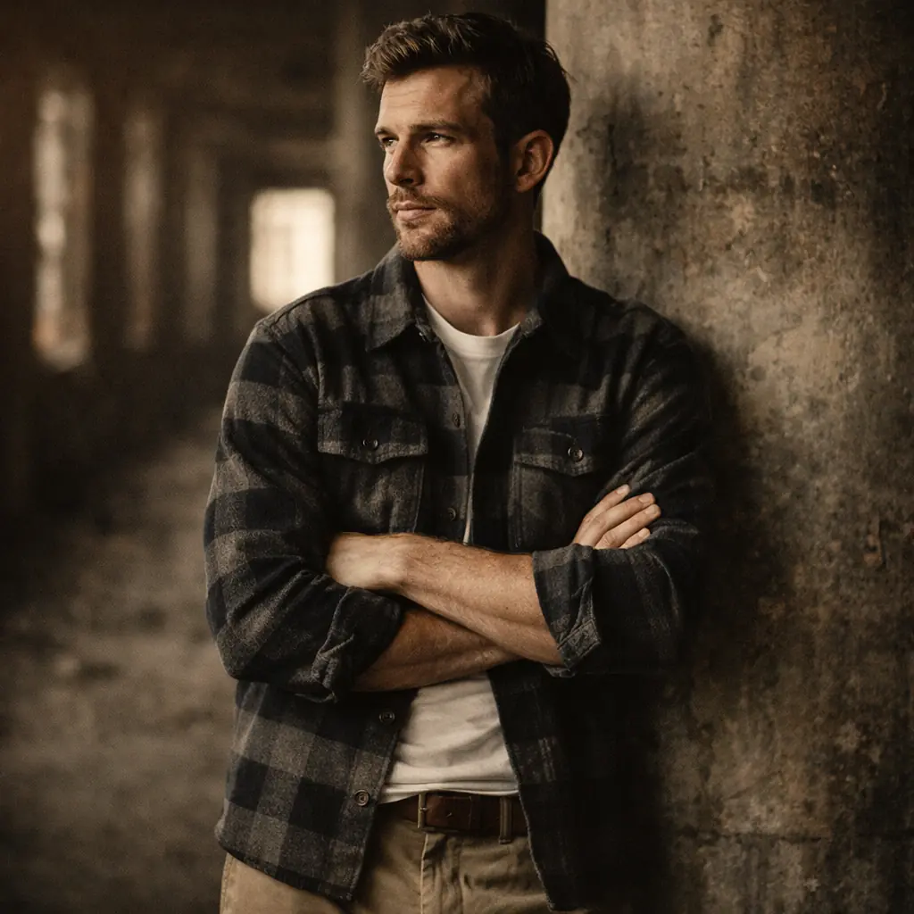 Look 02: Foreman Overshirt in charcoal flannel, paired with Michigan Chino, leaning against concrete column