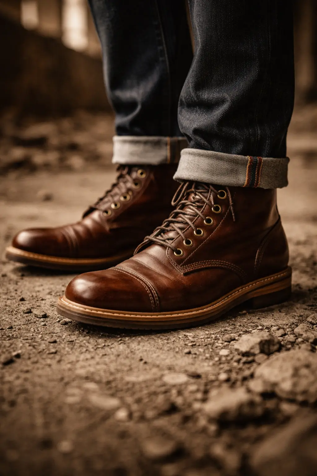 Look 03: Close-up of Assembly Boot — Horween leather catching window light, showing grain and pull-up