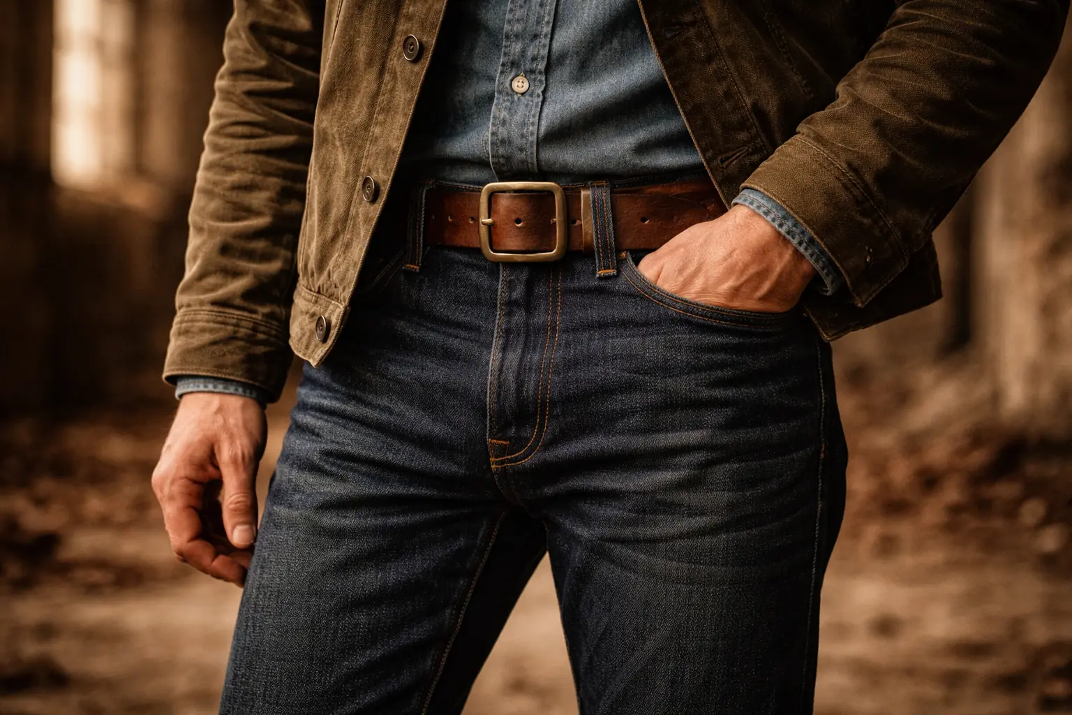 Look 04: Rouge Denim waist-down shot showing Riveter Belt, chain-stitch hem, worn-in patina