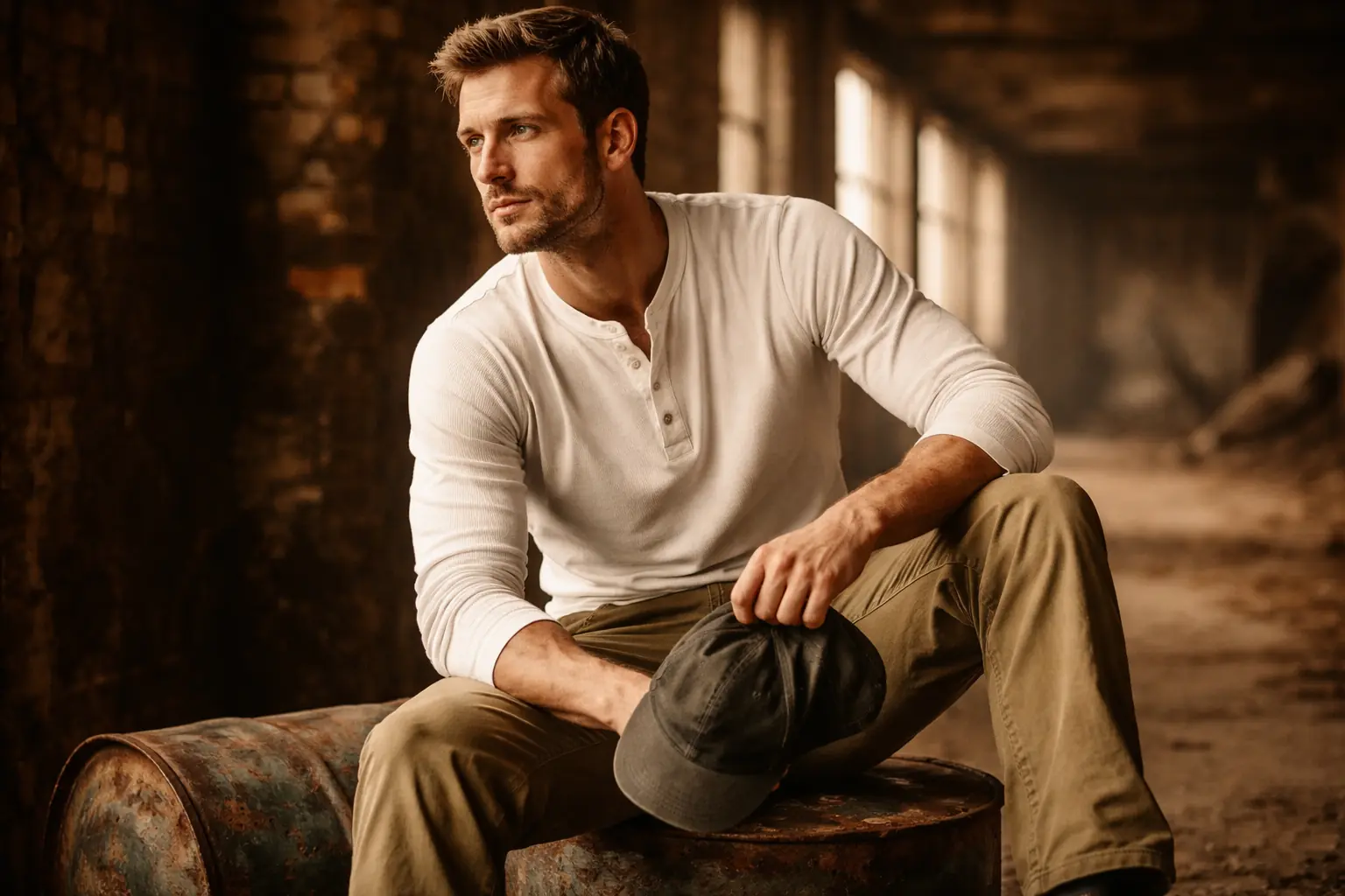Look 05: Michigan Chino — model seated on steel drum, relaxed taper visible, Motor City Cap on lap