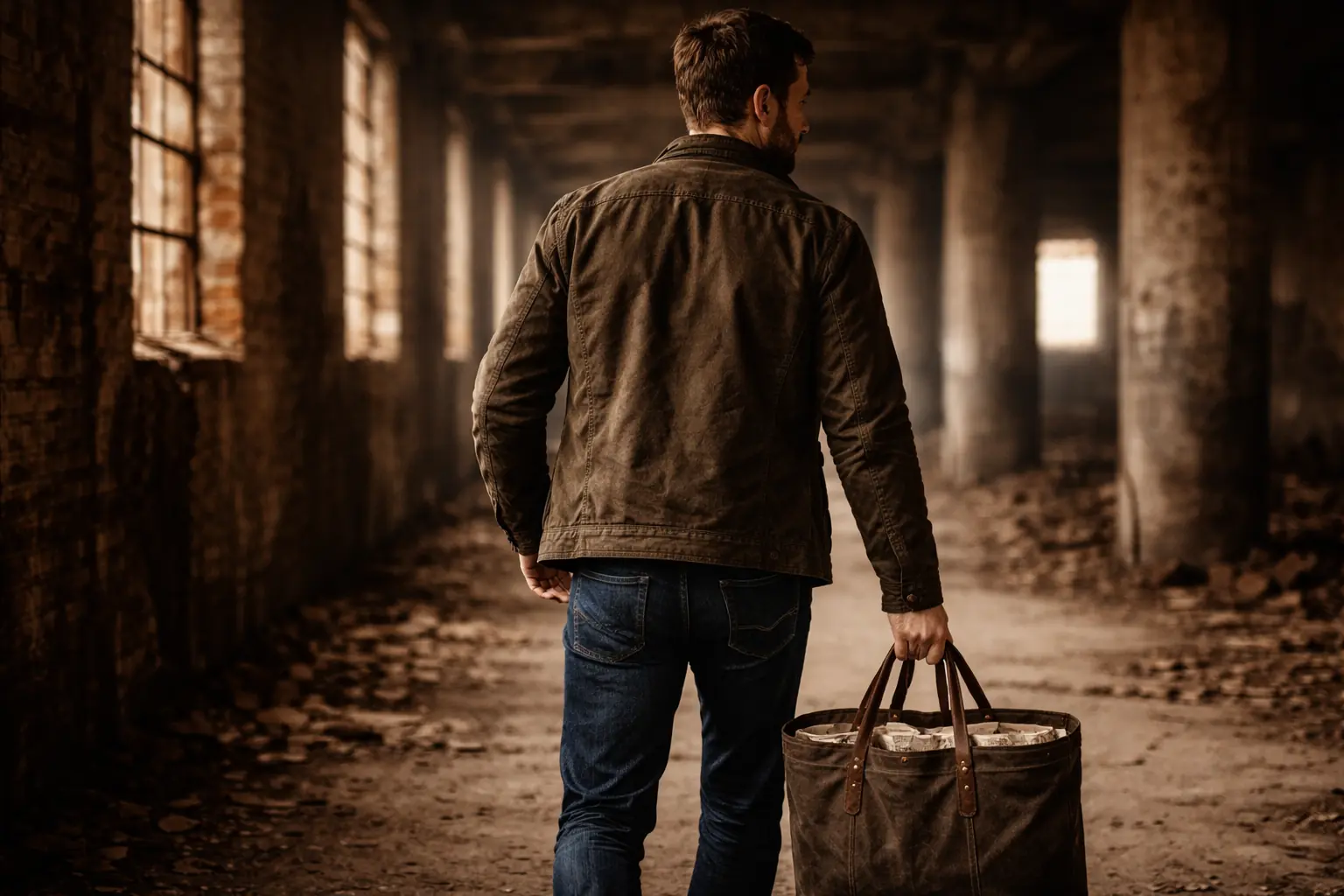 Look 06: Foundry Tote — model carrying bag with visible newspaper-print lining, walking through factory corridor