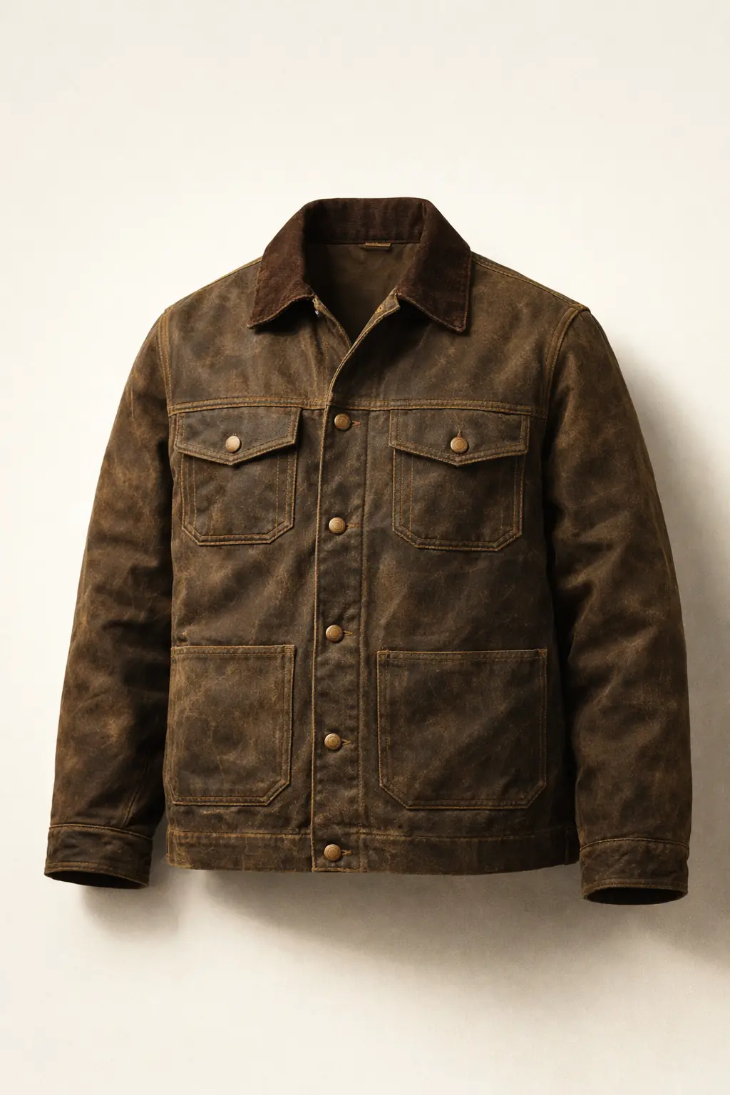 The Ironside work jacket in waxed canvas — full front view, aged brass buttons, triple-stitched seams