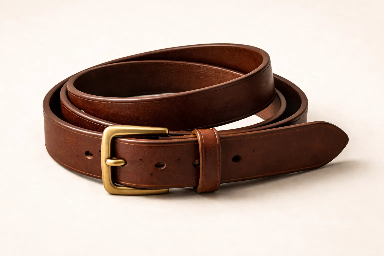 Bridle leather belt — single prong brass buckle, hand-beveled edges