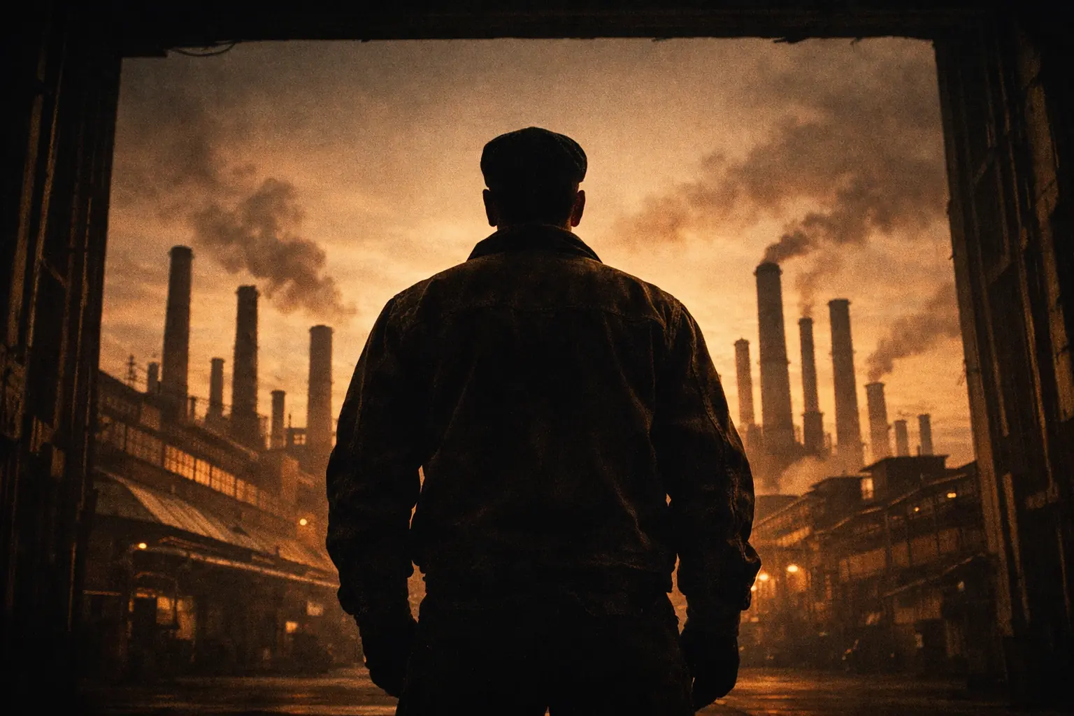 Silhouette of a worker in a Caldwell jacket against the backdrop of Detroit factory smokestacks, 1940s vintage tone