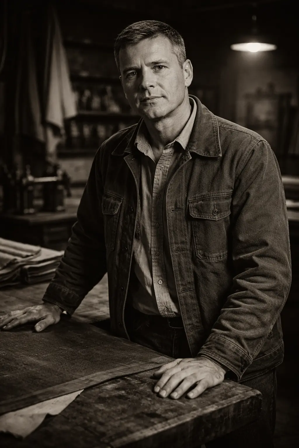 Portrait of James Caldwell Sr. in his workshop, circa 1955 — wearing the original Ironside jacket, standing beside a cutting table
