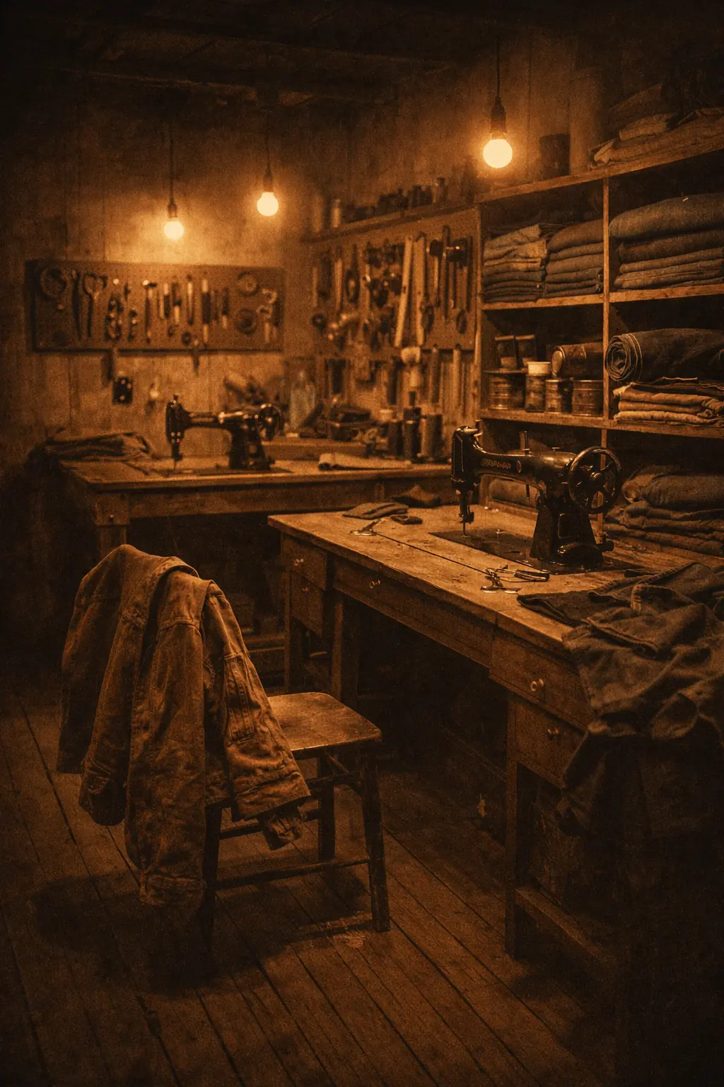 Interior of the original Caldwell workshop on Michigan Avenue — wooden workbenches, vintage sewing machines, and bolts of fabric, sepia toned