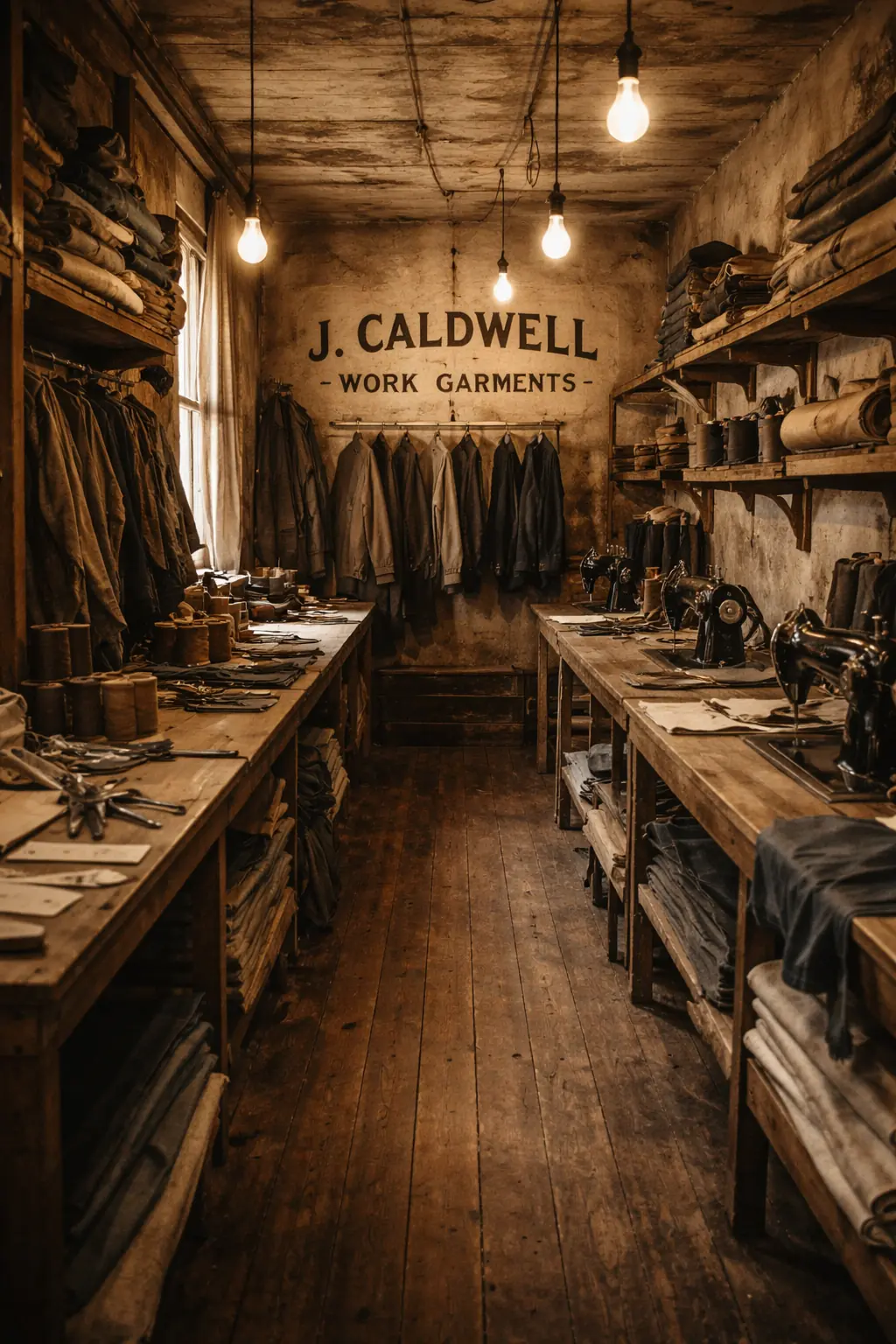 Interior of the original 1940s Caldwell workshop — wooden workbenches, Singer sewing machines, bolts of canvas and denim, warm sepia tone