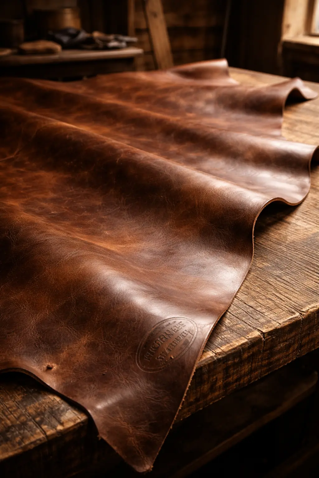 Horween Chromexcel leather hide — rich brown, pull-up effect showing lighter tones where stressed