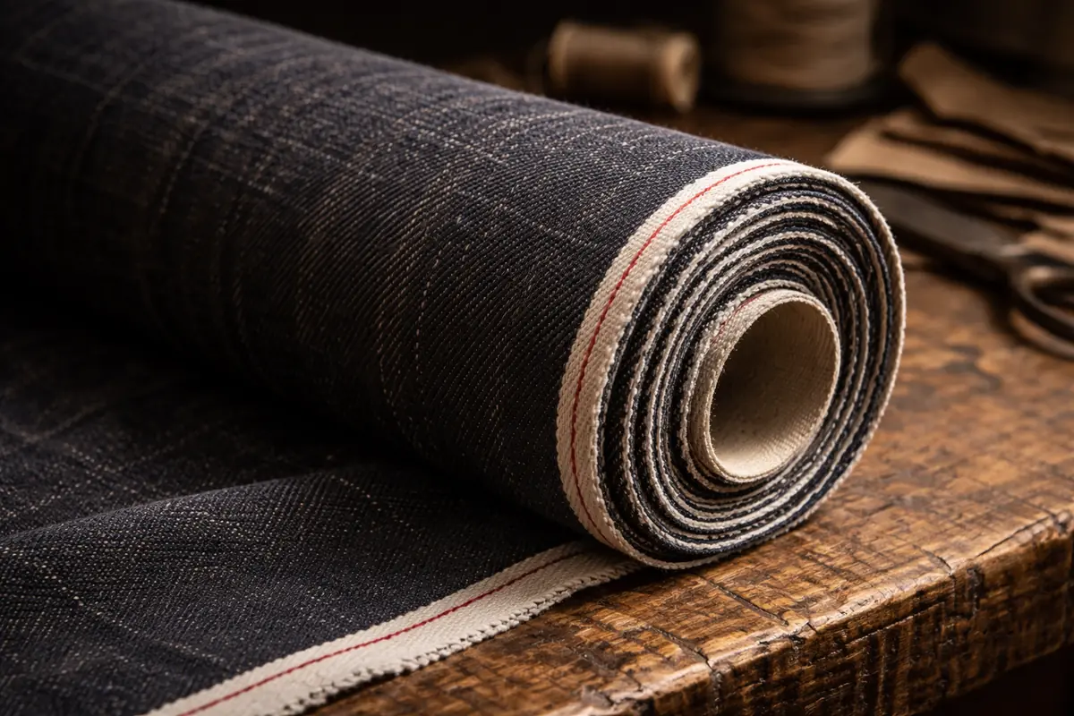 Close-up of raw Japanese selvedge denim — deep indigo, visible red selvedge ID, slubby texture