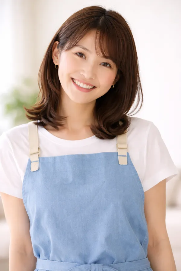 鈴木美咲 — 20代女性、明るい表情、エプロン風