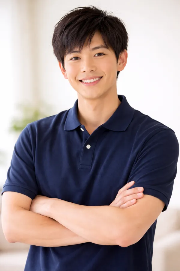 高橋翔太 — 30代男性、笑顔、カジュアルなポロシャツ