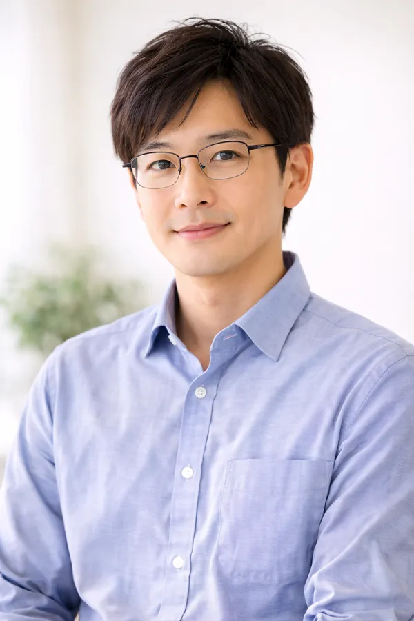 渡辺健一 — 40代男性、落ち着いた雰囲気、メガネ