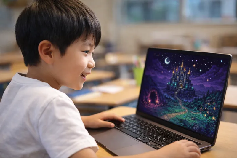 子どもがパソコンでゲーム風の教材に夢中になっている様子