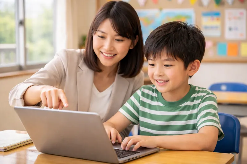 講師が子どもの横で個別に教えている様子
