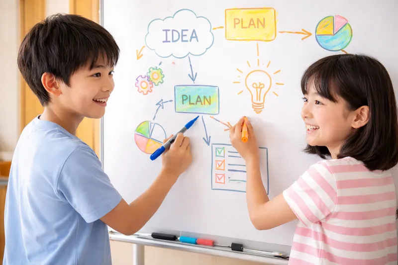 子どもたちがホワイトボードの前でフローチャートを書いている様子