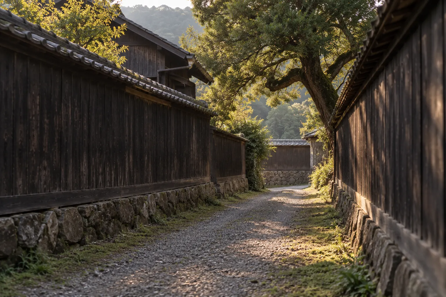 板塀の続く路地と、榧の木の看板