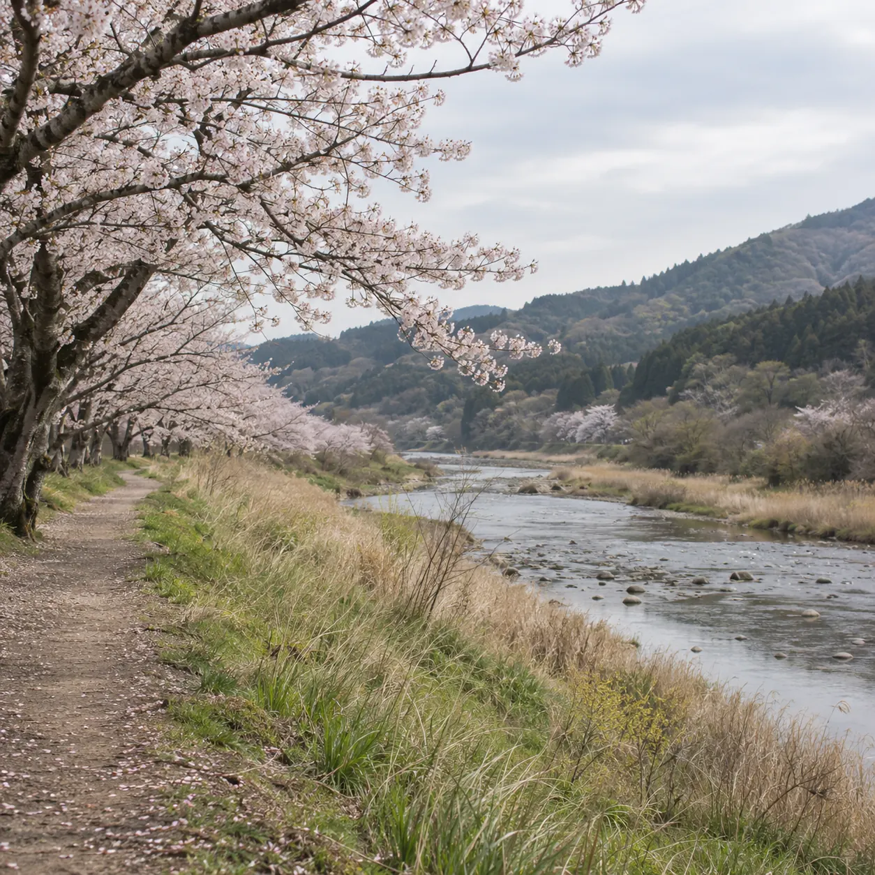 川沿いの道と桜並木