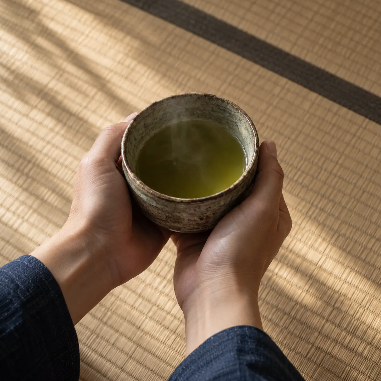 湯呑みを持つ手と畳