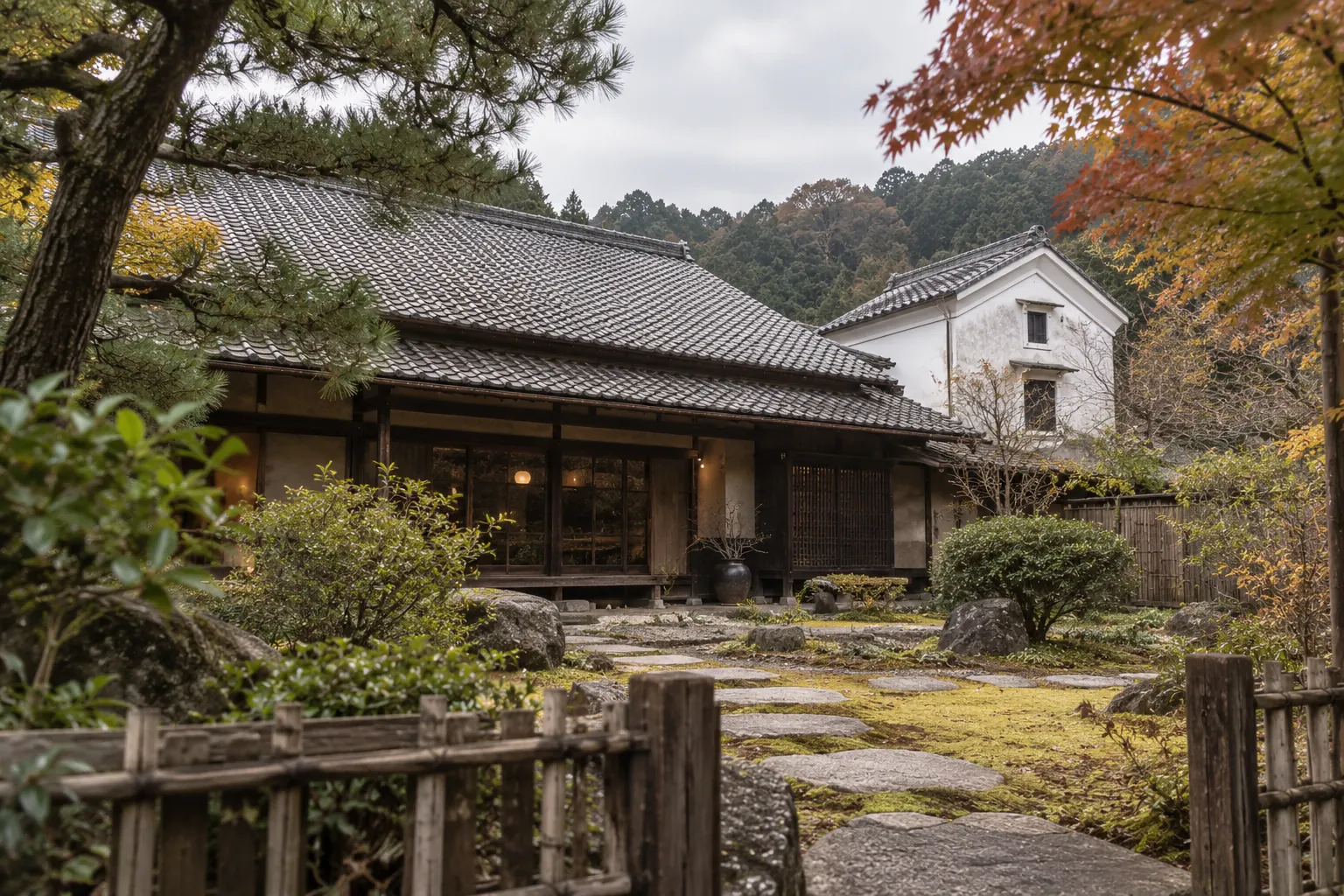 庭越しに見た母屋の全景と、裏に立つ土蔵