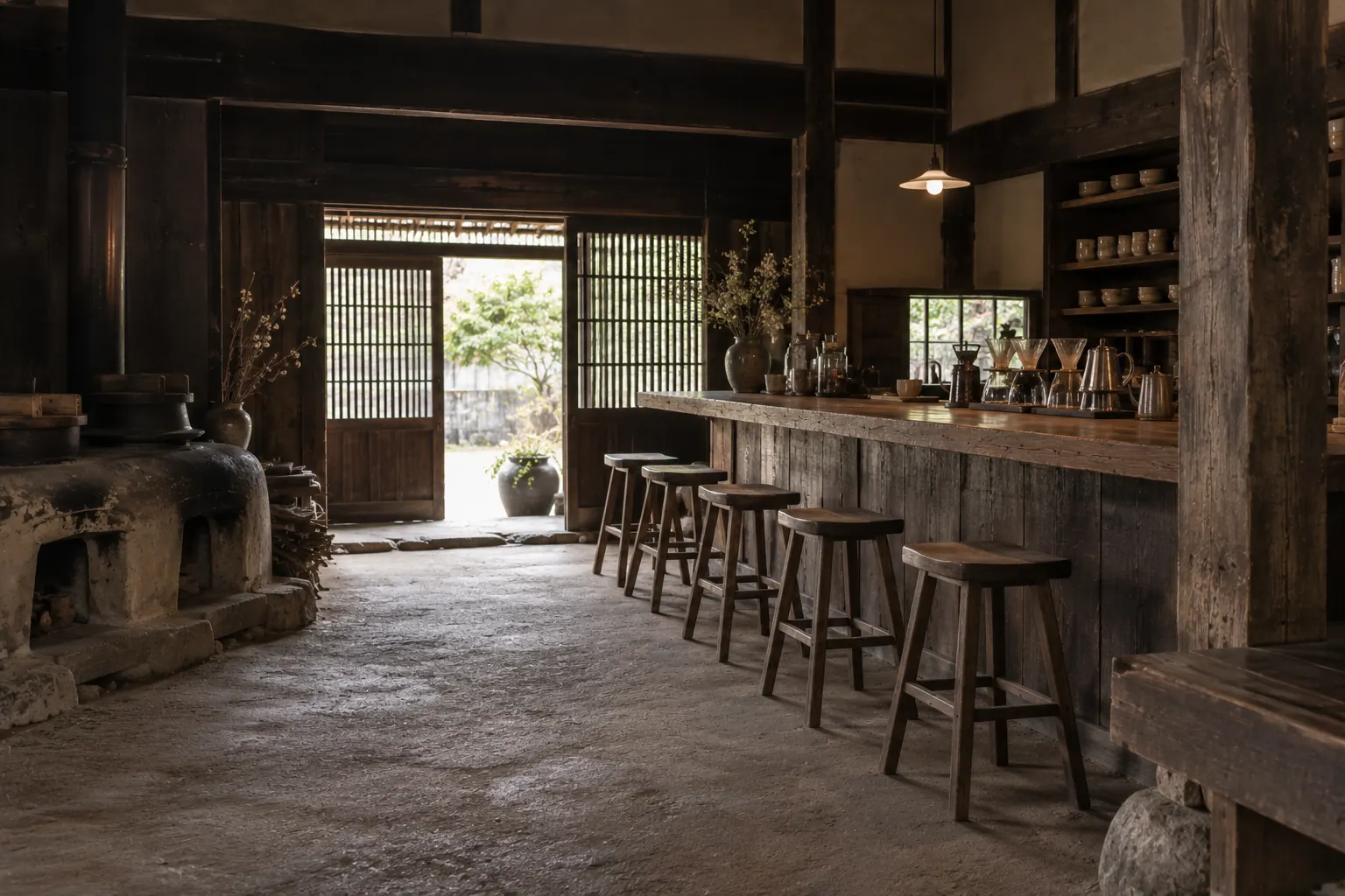 三和土とカウンター、かまどの跡が残る土間