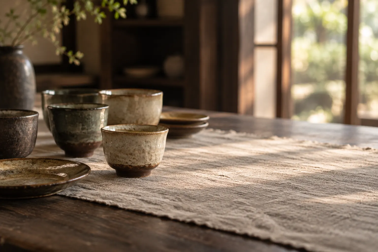 生成りの布を敷いた卓に、湯呑みと皿が並ぶ