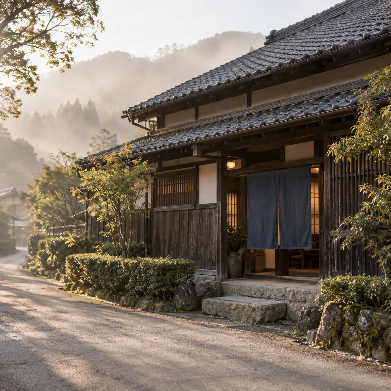 朝もやのなかの主屋と、前の道
