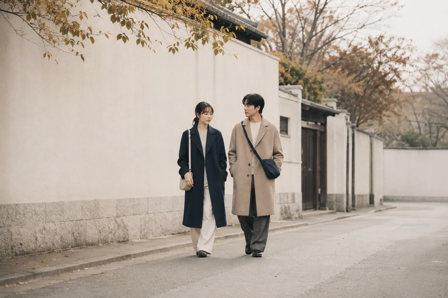 秋の朝の路地を並んで歩く二人。ロングコートを着たキービジュアル