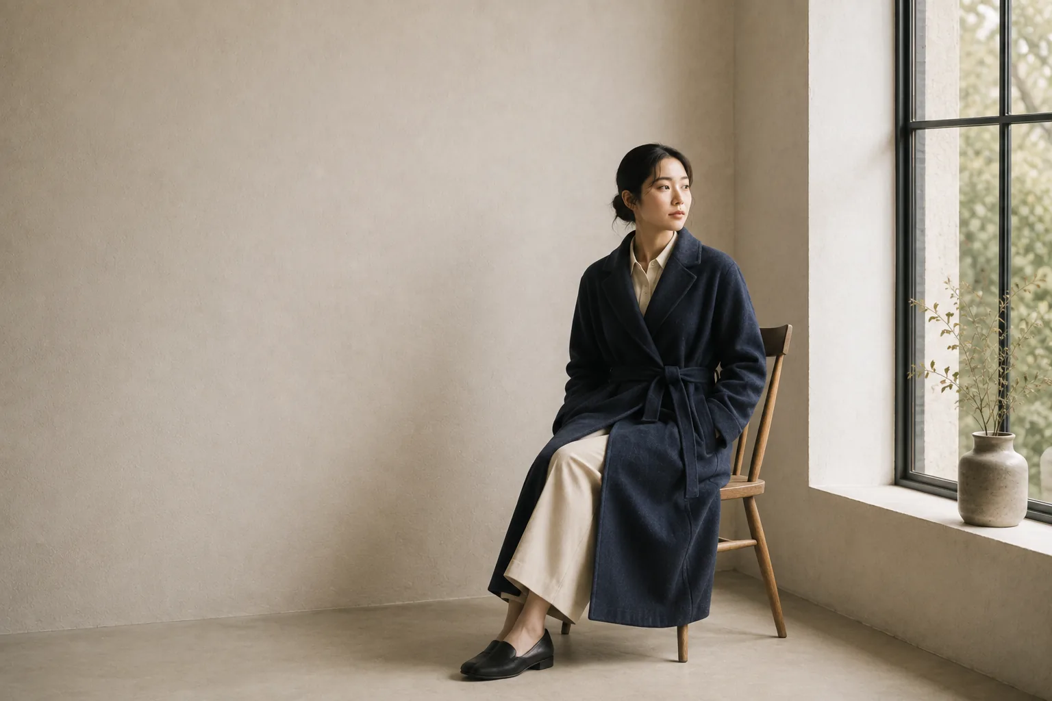 窓辺の椅子に腰かけ、藍色のロングコートをまとった人物のキービジュアル