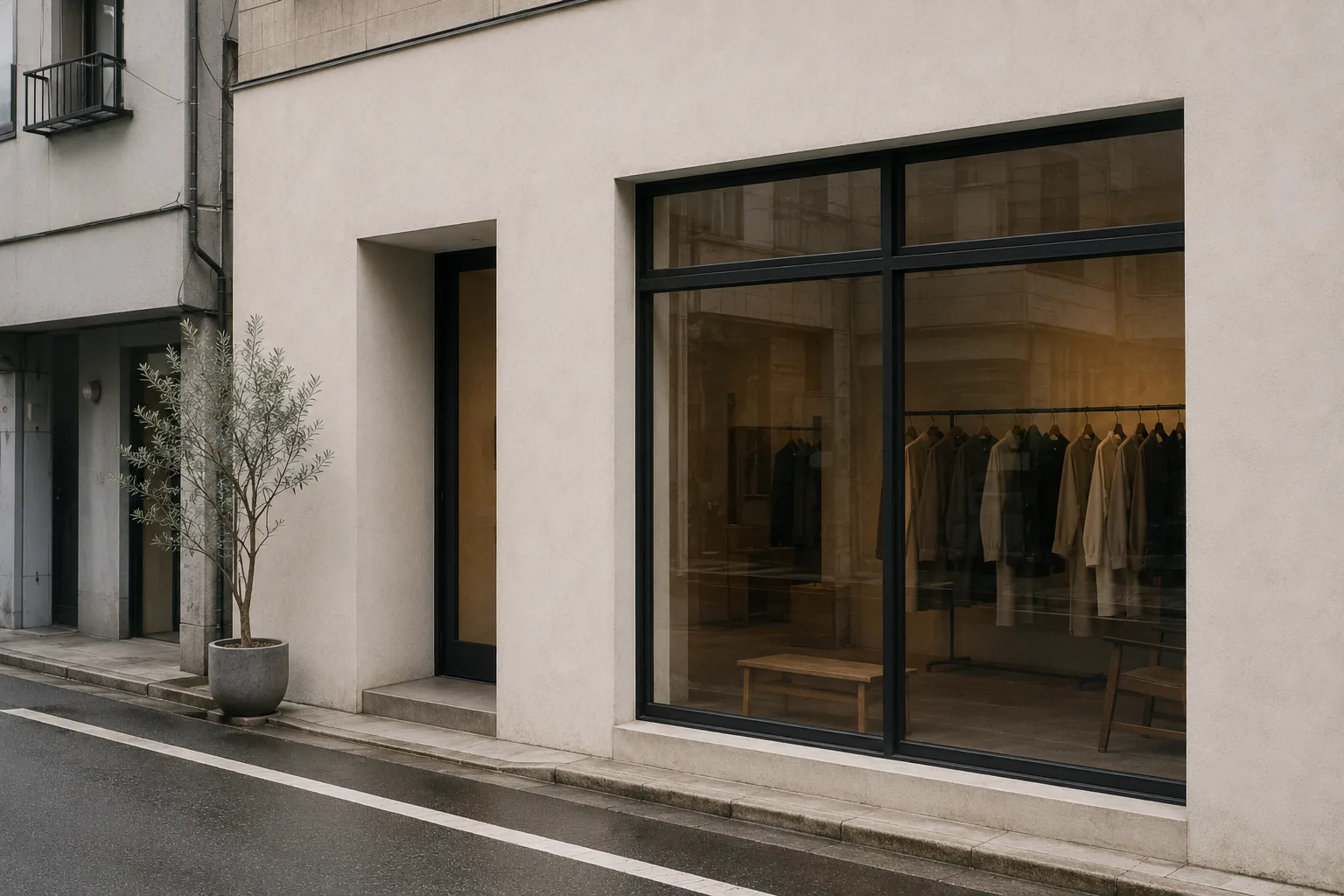 通りに面した青木東京店の外観。看板のない生成りの壁面と大きなガラス窓