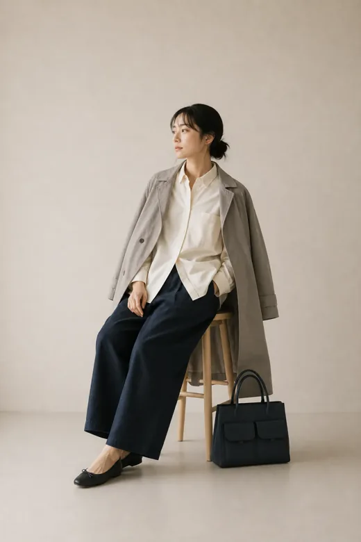 大きめのシャツにワイドパンツを合わせ、コートを羽織ったウィメンズのコーディネート