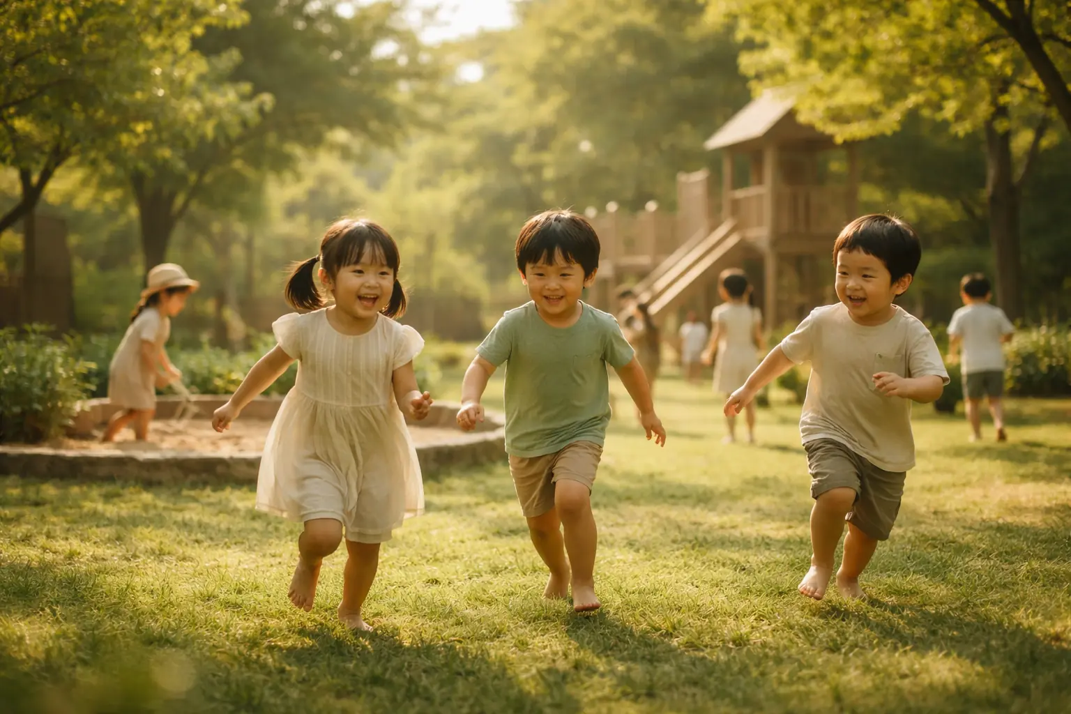 園庭の芝生を裸足で駆ける子どもたち