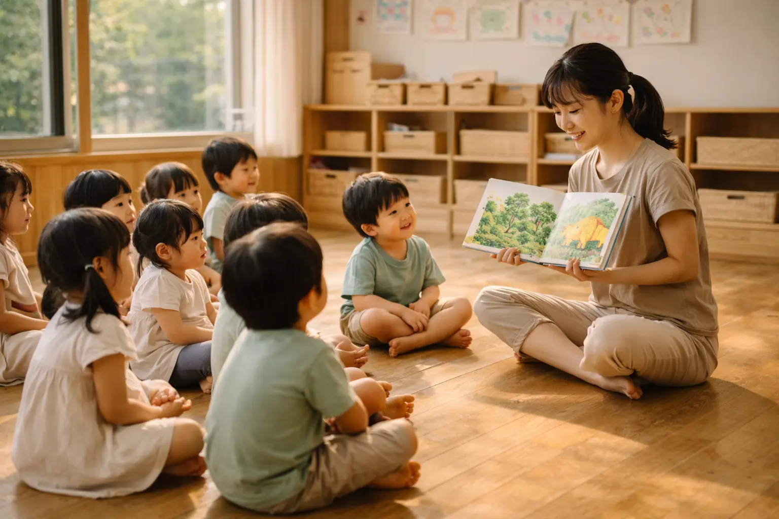 絵本の読み聞かせを楽しむ子どもたち