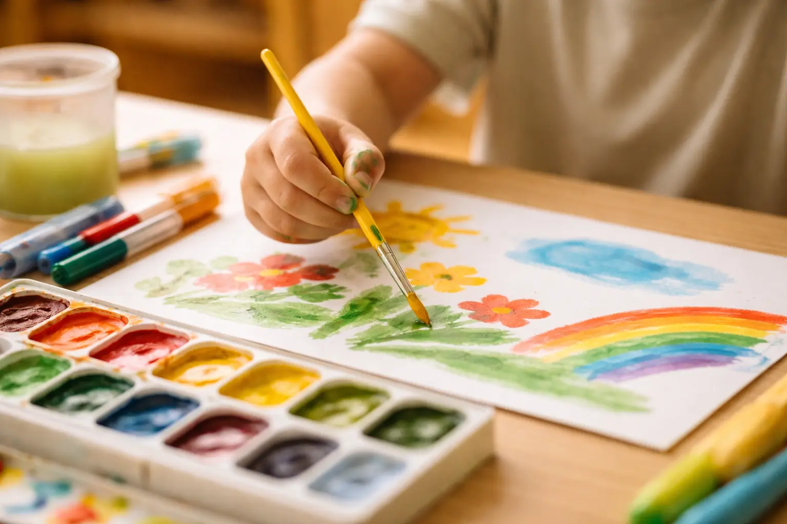 絵の具でお絵かきをする園児