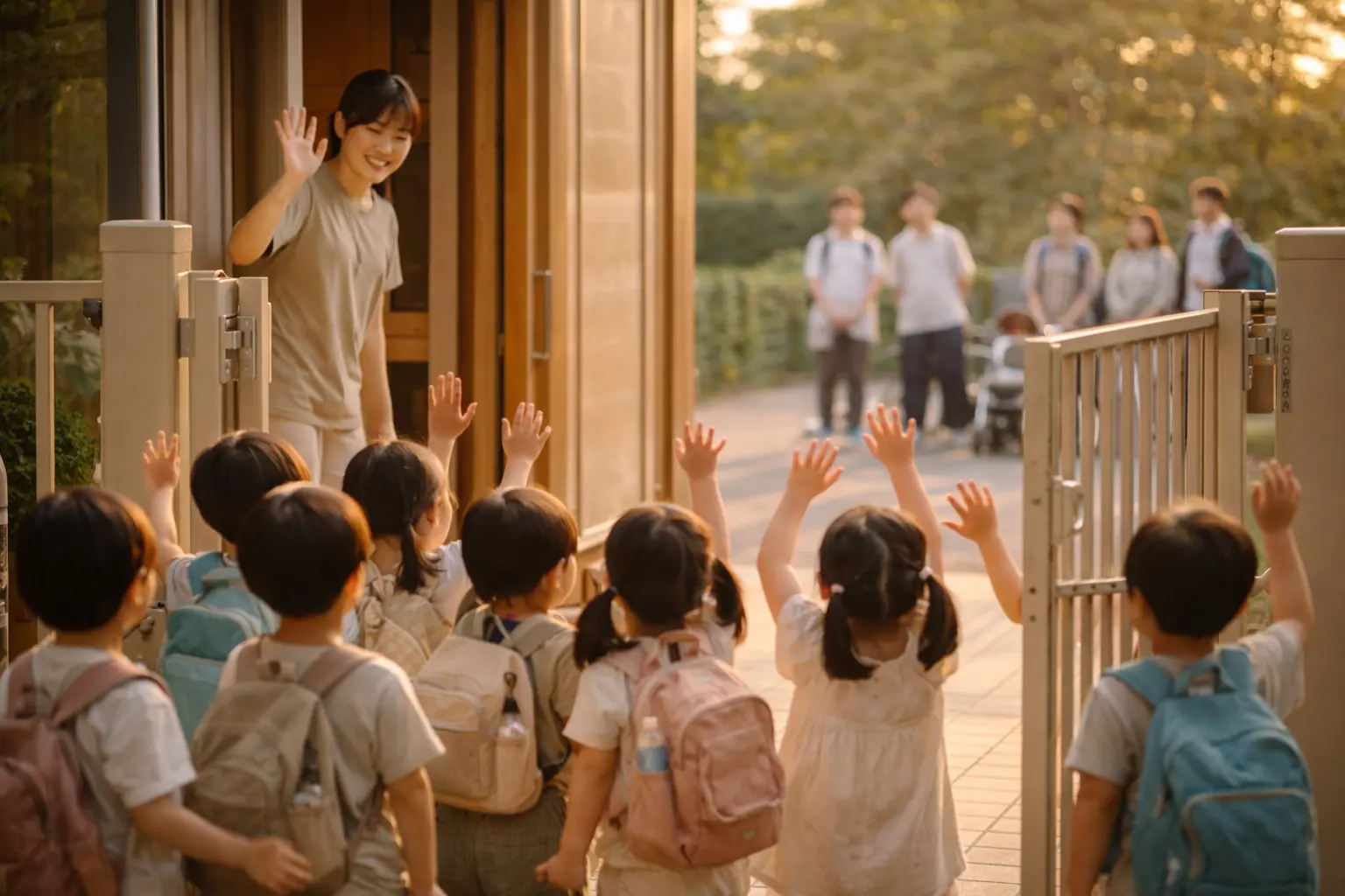 門で手をふって登園する子どもたち