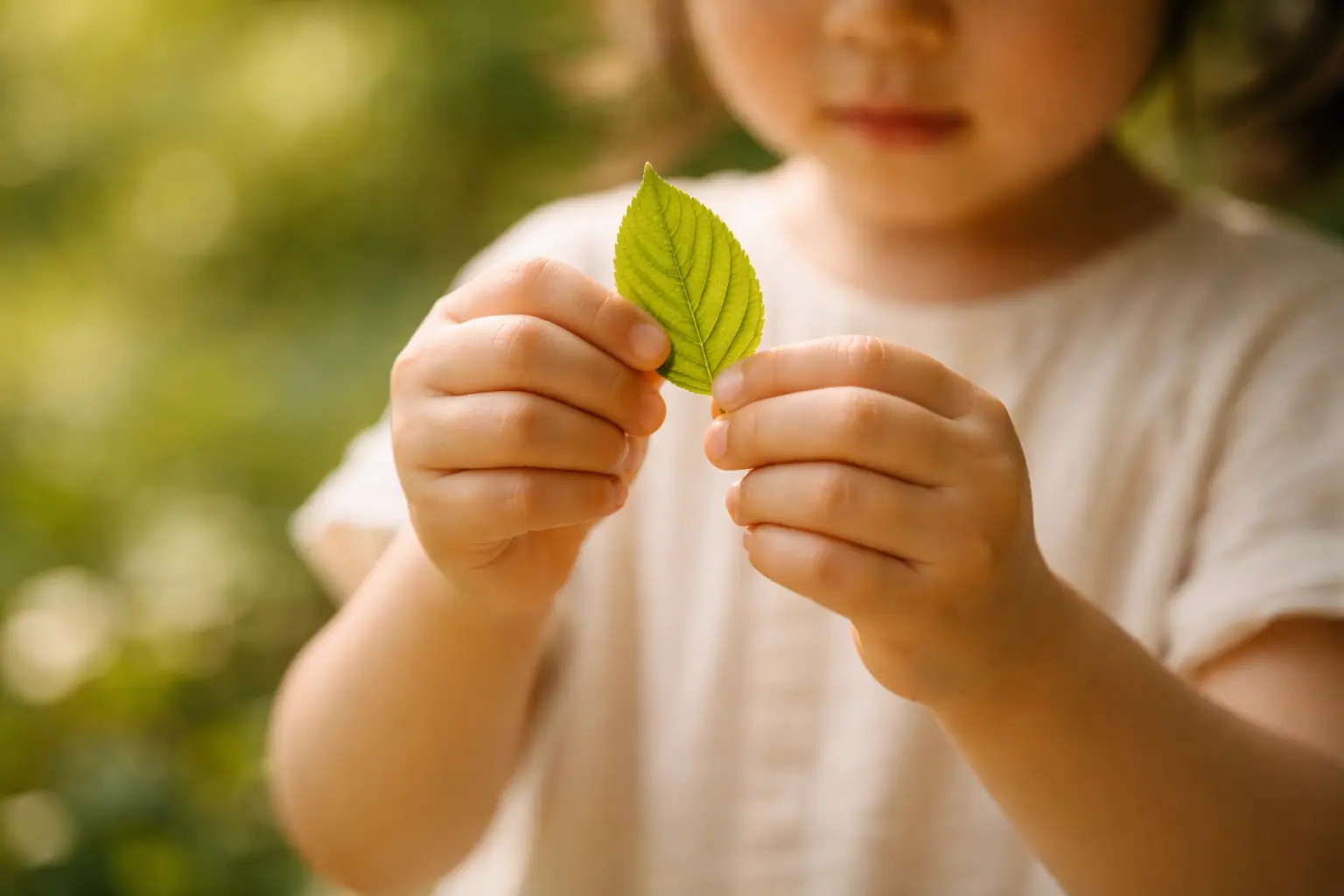 葉っぱをじっと見つめる子ども