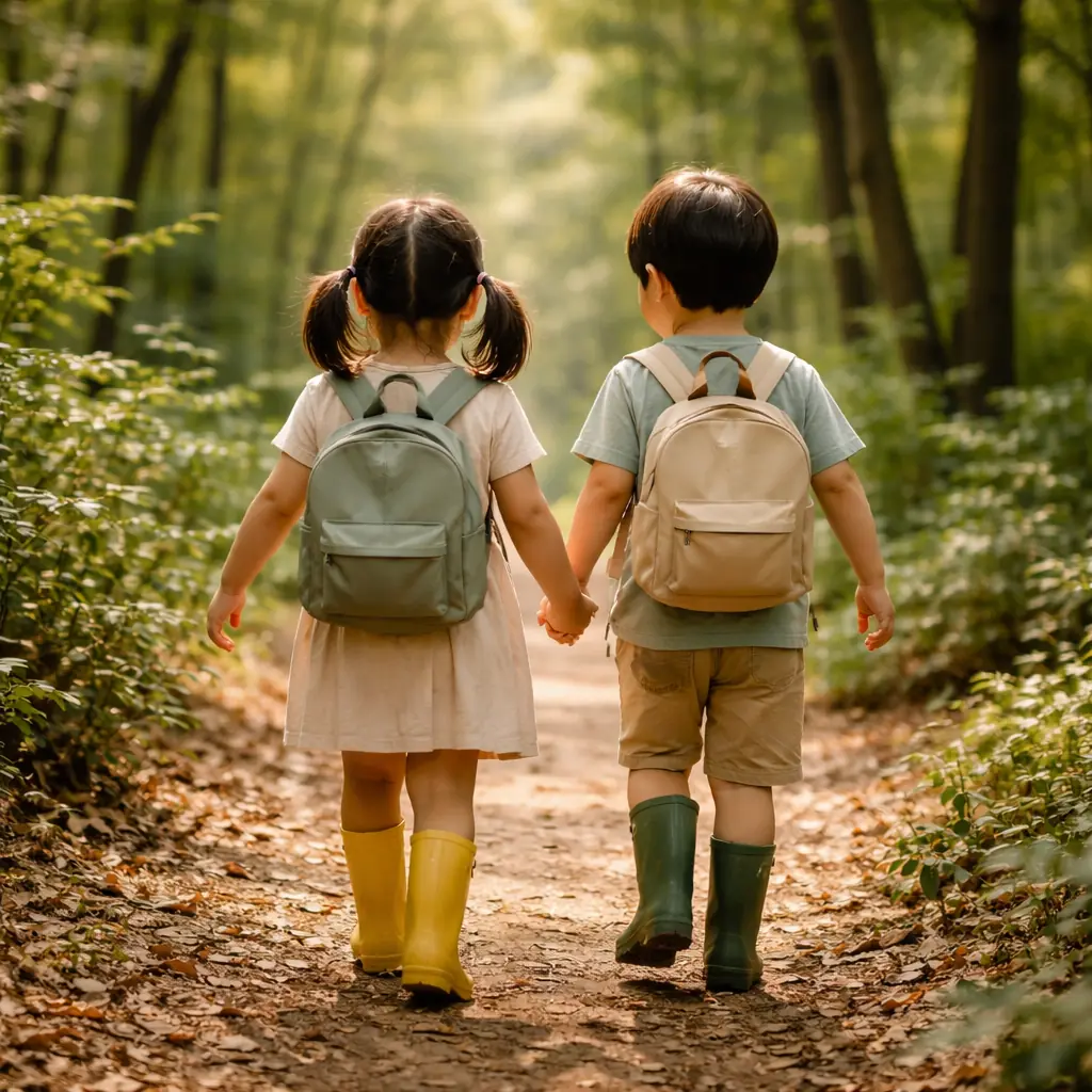森のさんぽに出かける子どもたち